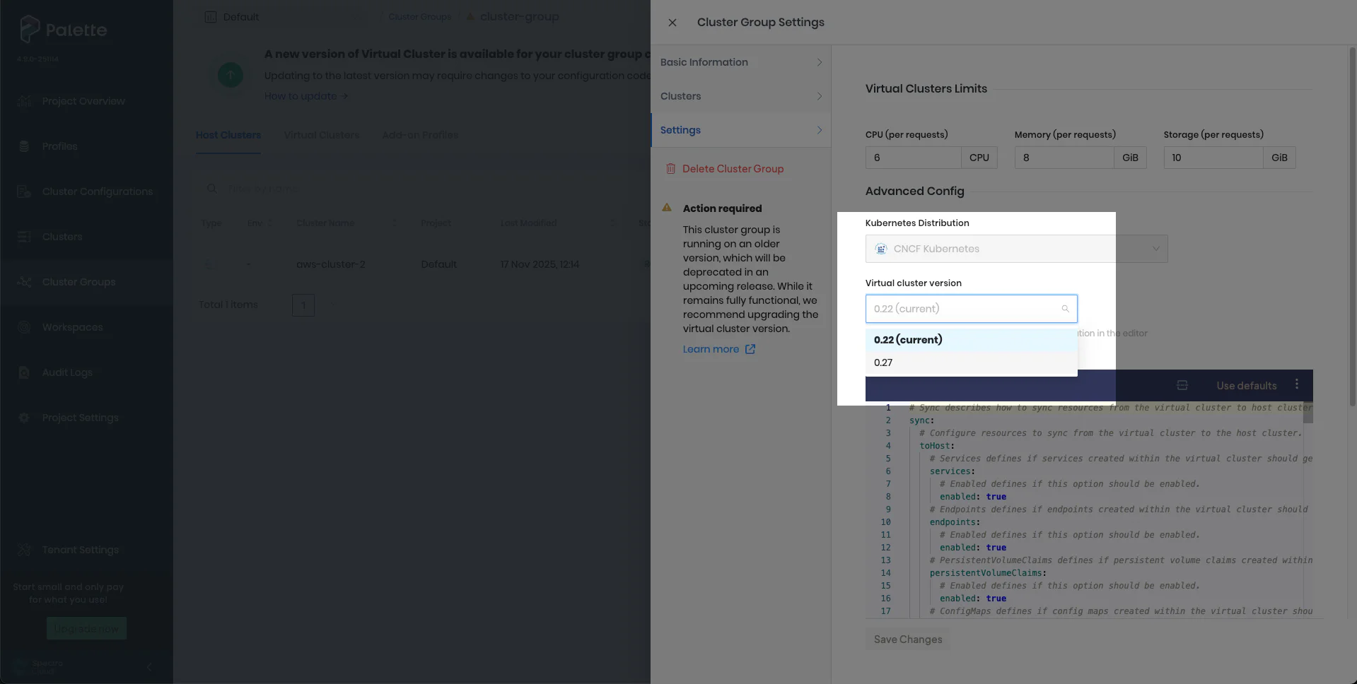 Cluster group dropdown list of vCluster versions