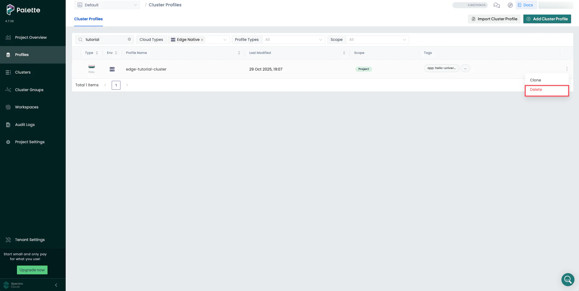 Screenshot of deleting a cluster profile.